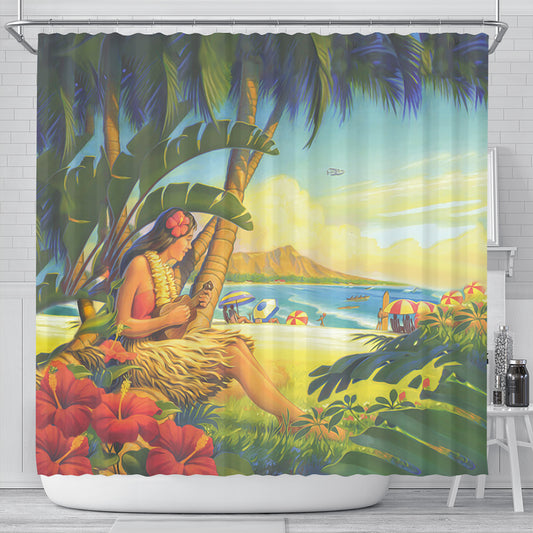 Hawaii Shower Curtain Hula Girl Hola Beach