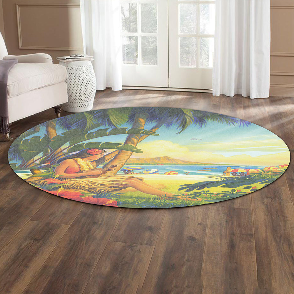 Hawaii Round Rug Hula Girl Hola Beach