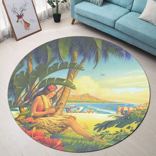 Hawaii Round Rug Hula Girl Hola Beach