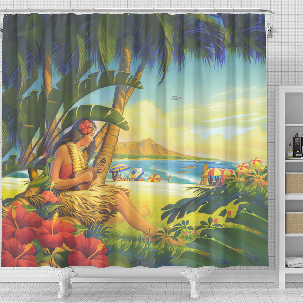 Hawaii Shower Curtain Hula Girl Hola Beach