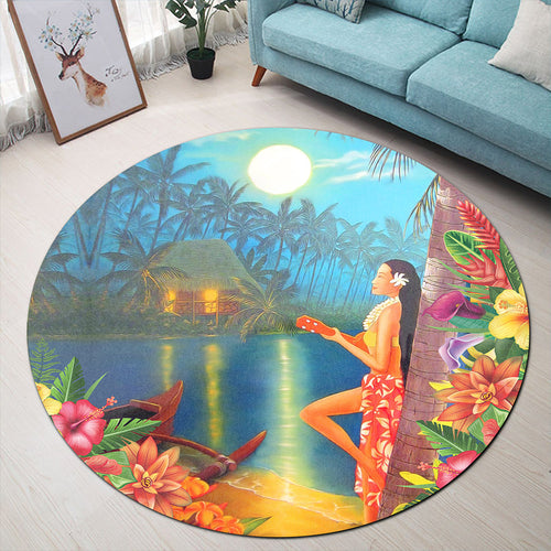 Hawaii Round Rug Hula Girl Sing In Village