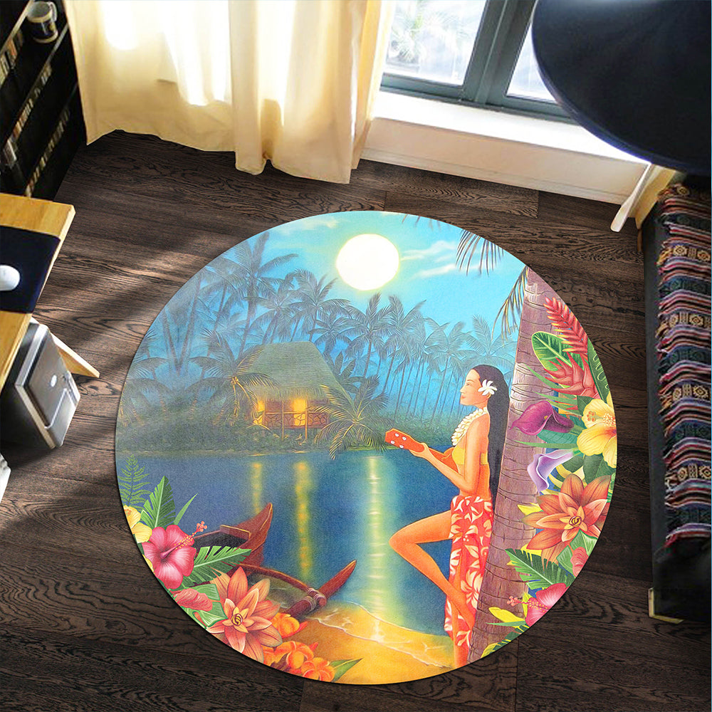 Hawaii Round Rug Hula Girl Sing In Village
