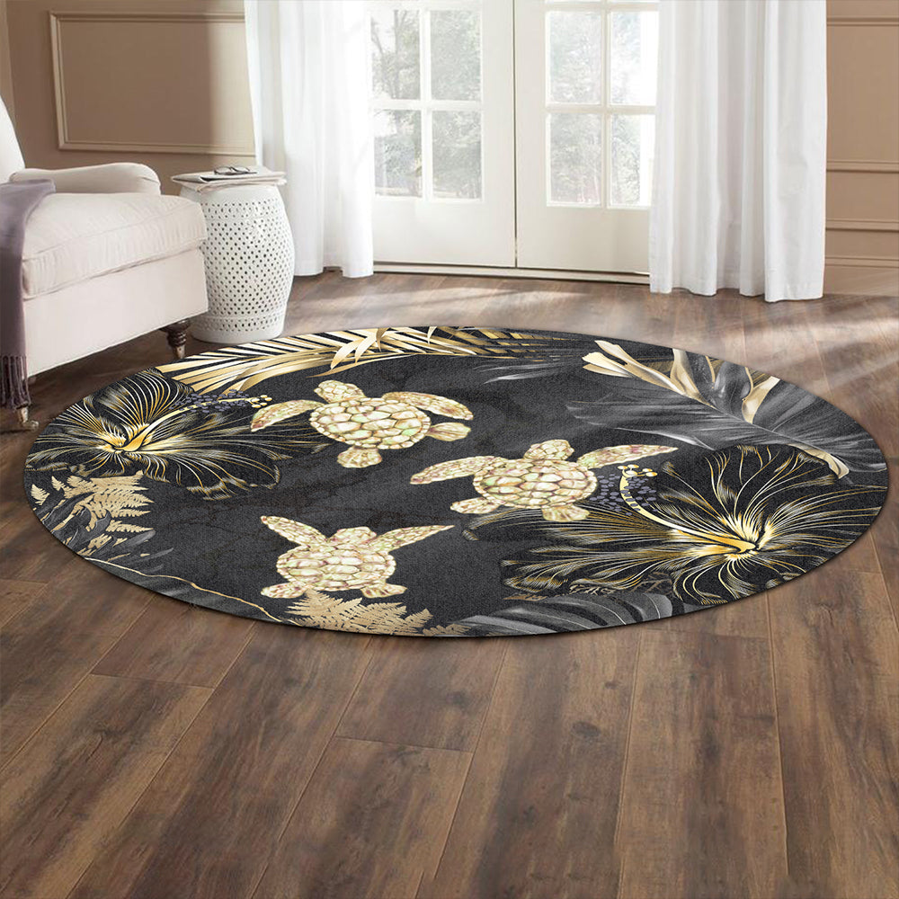 Hawaii Round Rug Kanaka Maoli Golden Tropical Turtle