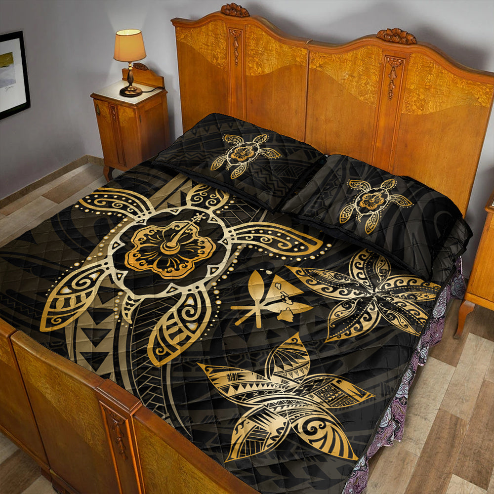 Hawaii Quilt Bed Set Kanaka Maoli Map Hibiscus Plumeria Turtle Art Polynesian Gold