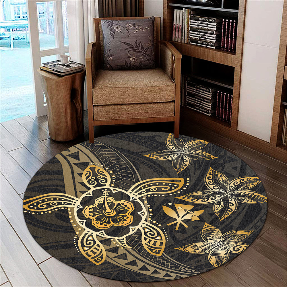 Hawaii Round Rug Kanaka Maoli Map Hibiscus Plumeria Turtle Art Polynesian Gold