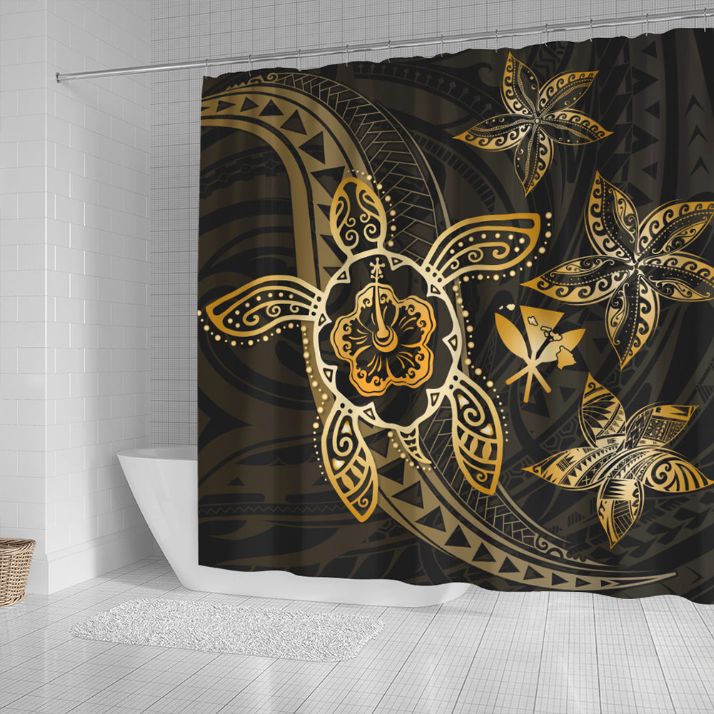 Hawaii Shower Curtain Kanaka Maoli Map Hibiscus Plumeria Turtle Art Polynesian Gold