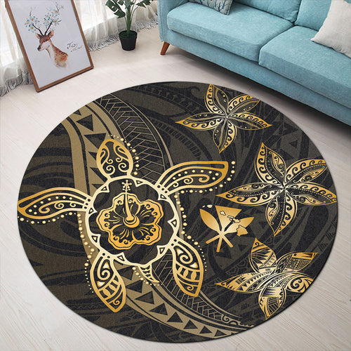 Hawaii Round Rug Kanaka Maoli Map Hibiscus Plumeria Turtle Art Polynesian Gold