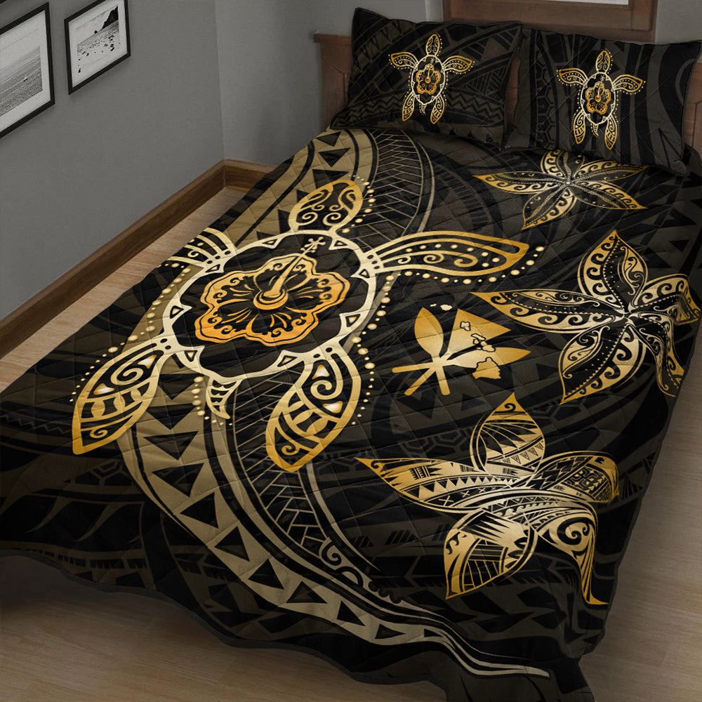 Hawaii Quilt Bed Set Kanaka Maoli Map Hibiscus Plumeria Turtle Art Polynesian Gold