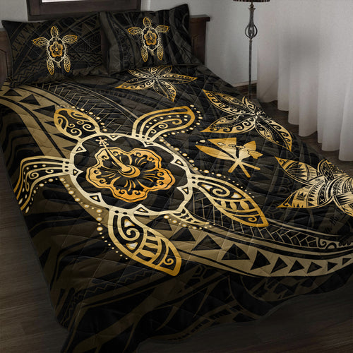 Hawaii Quilt Bed Set Kanaka Maoli Map Hibiscus Plumeria Turtle Art Polynesian Gold