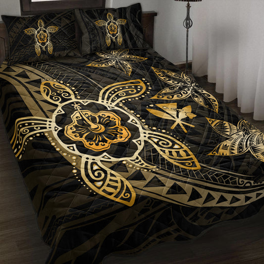 Hawaii Quilt Bed Set Kanaka Maoli Map Hibiscus Plumeria Turtle Art Polynesian Gold