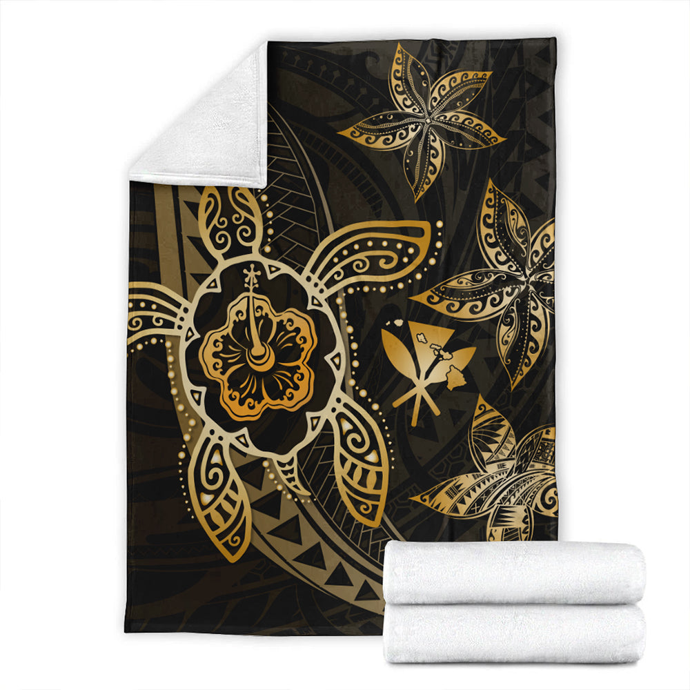 Hawaii Premium Blanket Kanaka Maoli Map Hibiscus Plumeria Turtle Art Polynesian Gold