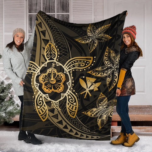 Hawaii Premium Blanket Kanaka Maoli Map Hibiscus Plumeria Turtle Art Polynesian Gold