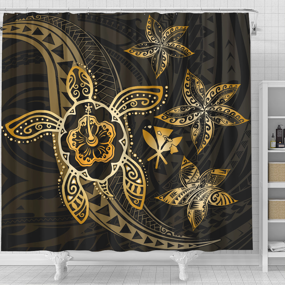 Hawaii Shower Curtain Kanaka Maoli Map Hibiscus Plumeria Turtle Art Polynesian Gold