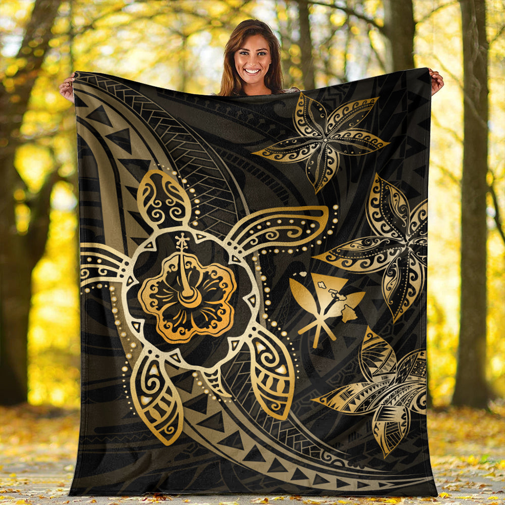 Hawaii Premium Blanket Kanaka Maoli Map Hibiscus Plumeria Turtle Art Polynesian Gold