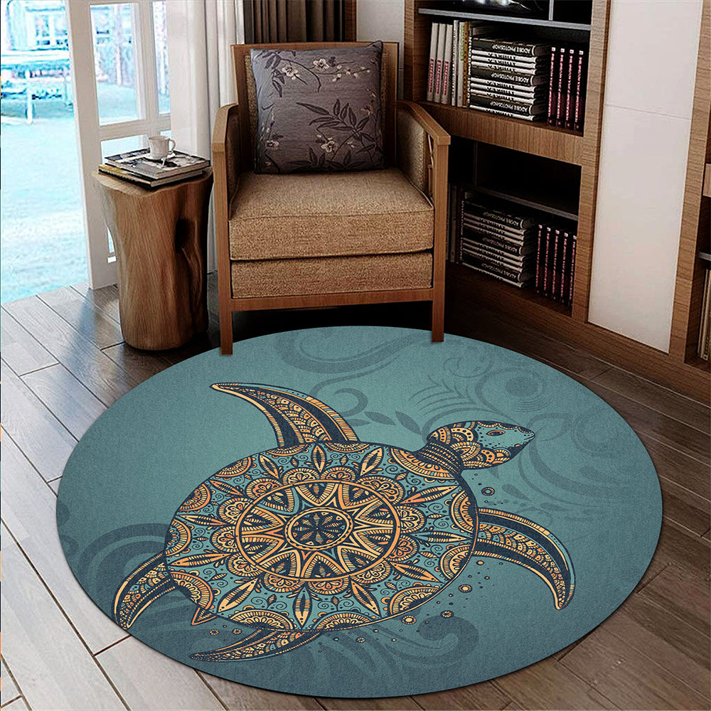 Hawaii Round Rug Mandela Turtle Royal Blue