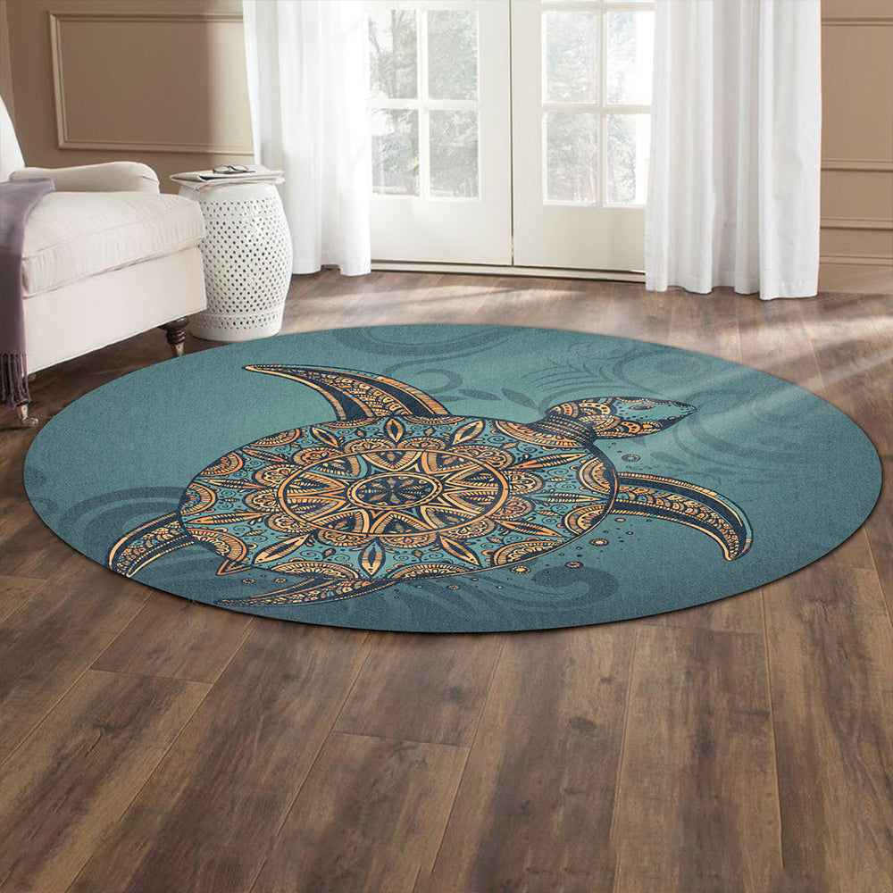Hawaii Round Rug Mandela Turtle Royal Blue