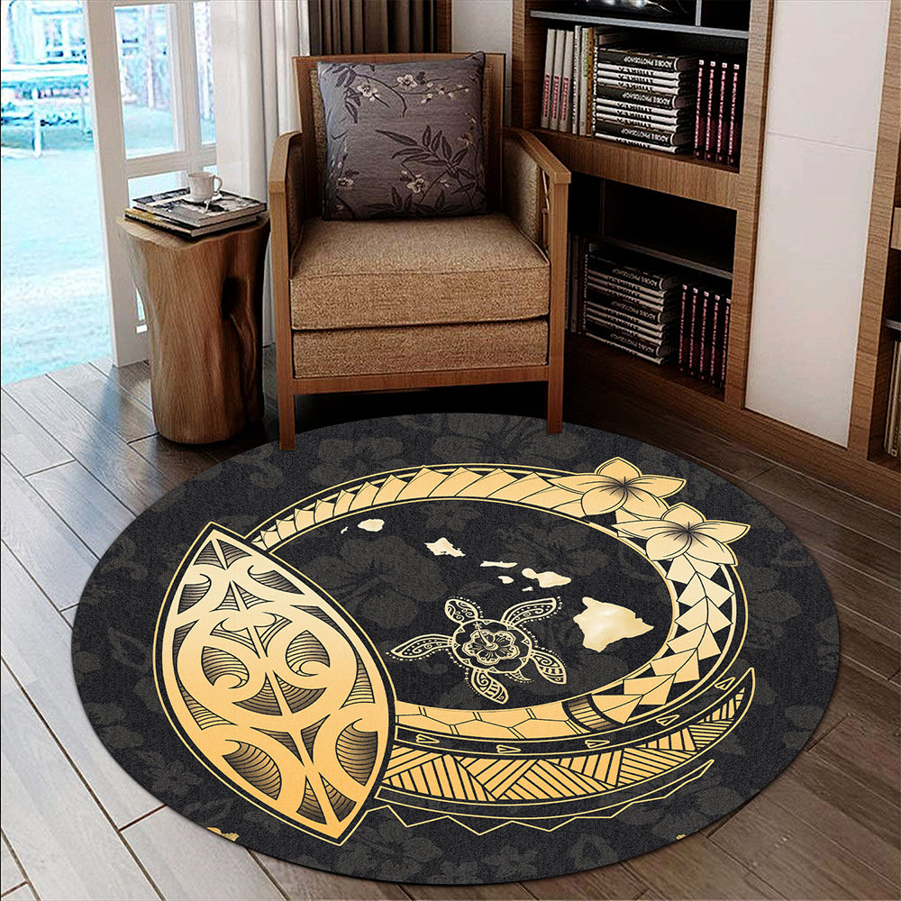 Hawaii Round Rug Map Hibiscus Plumeria Turtle Polynesian