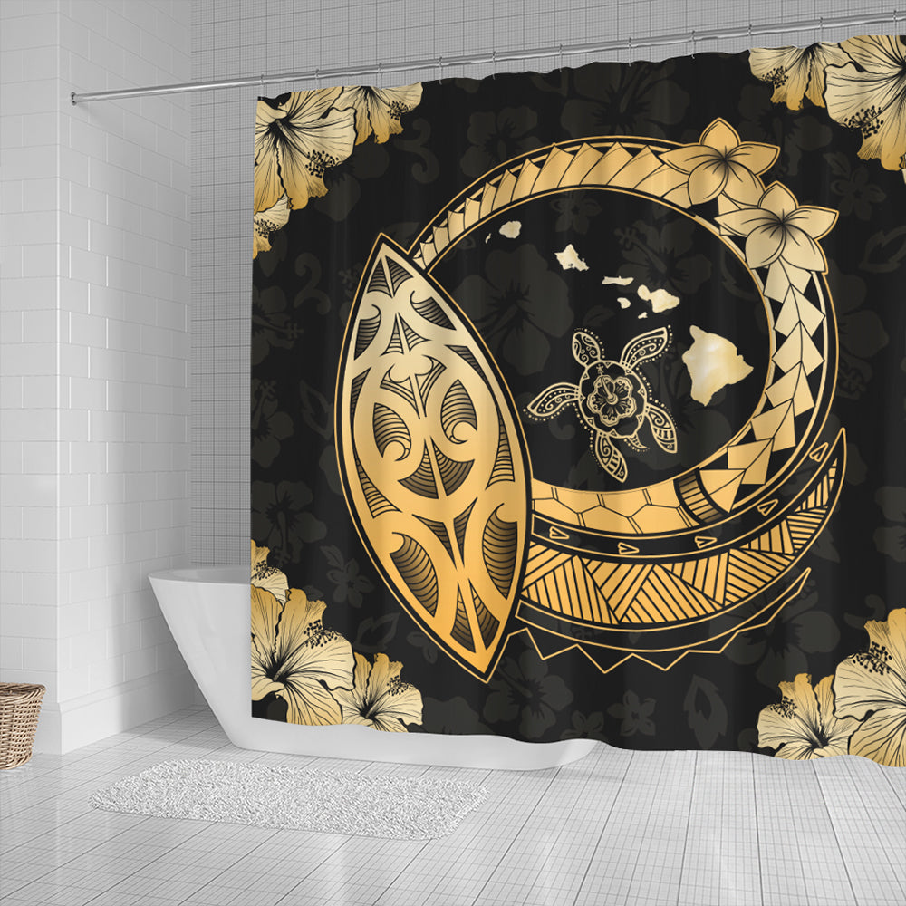 Hawaii Shower Curtain Map Hibiscus Plumeria Turtle Polynesian