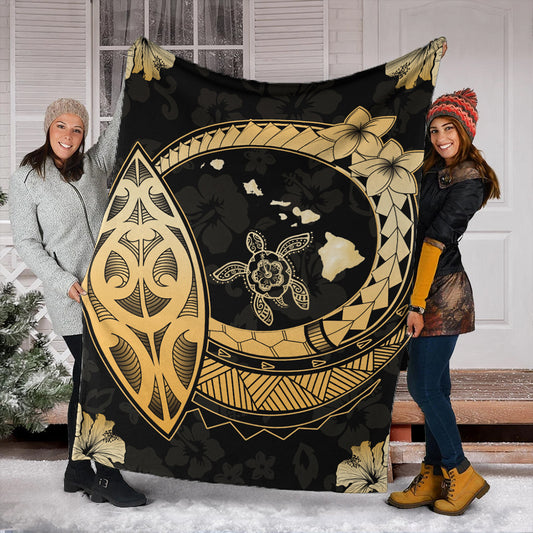 Hawaii Premium Blanket Map Hibiscus Plumeria Turtle Polynesian