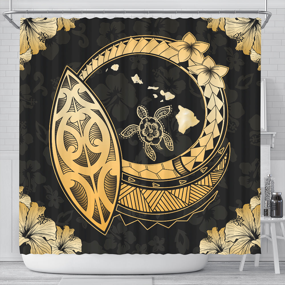 Hawaii Shower Curtain Map Hibiscus Plumeria Turtle Polynesian