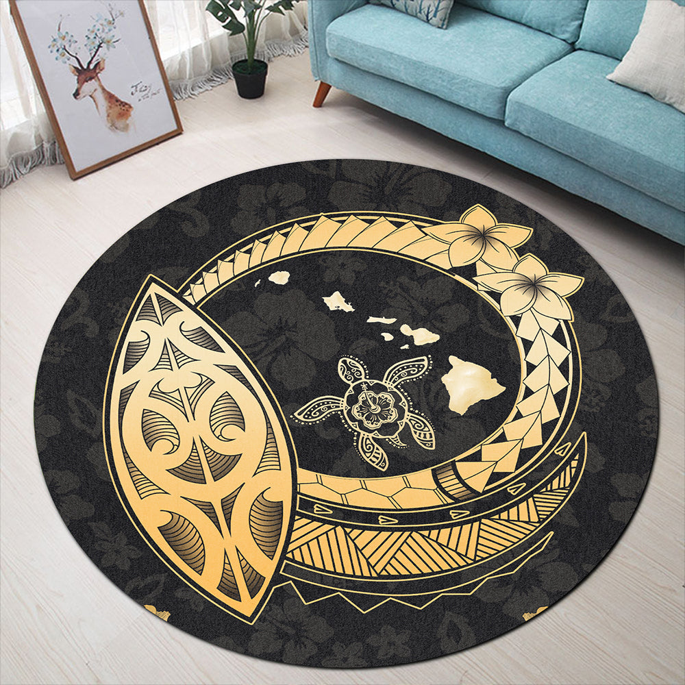 Hawaii Round Rug Map Hibiscus Plumeria Turtle Polynesian