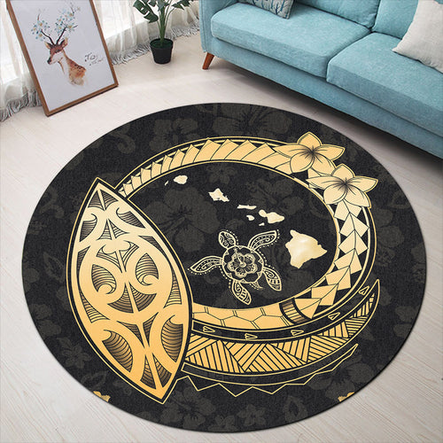Hawaii Round Rug Map Hibiscus Plumeria Turtle Polynesian