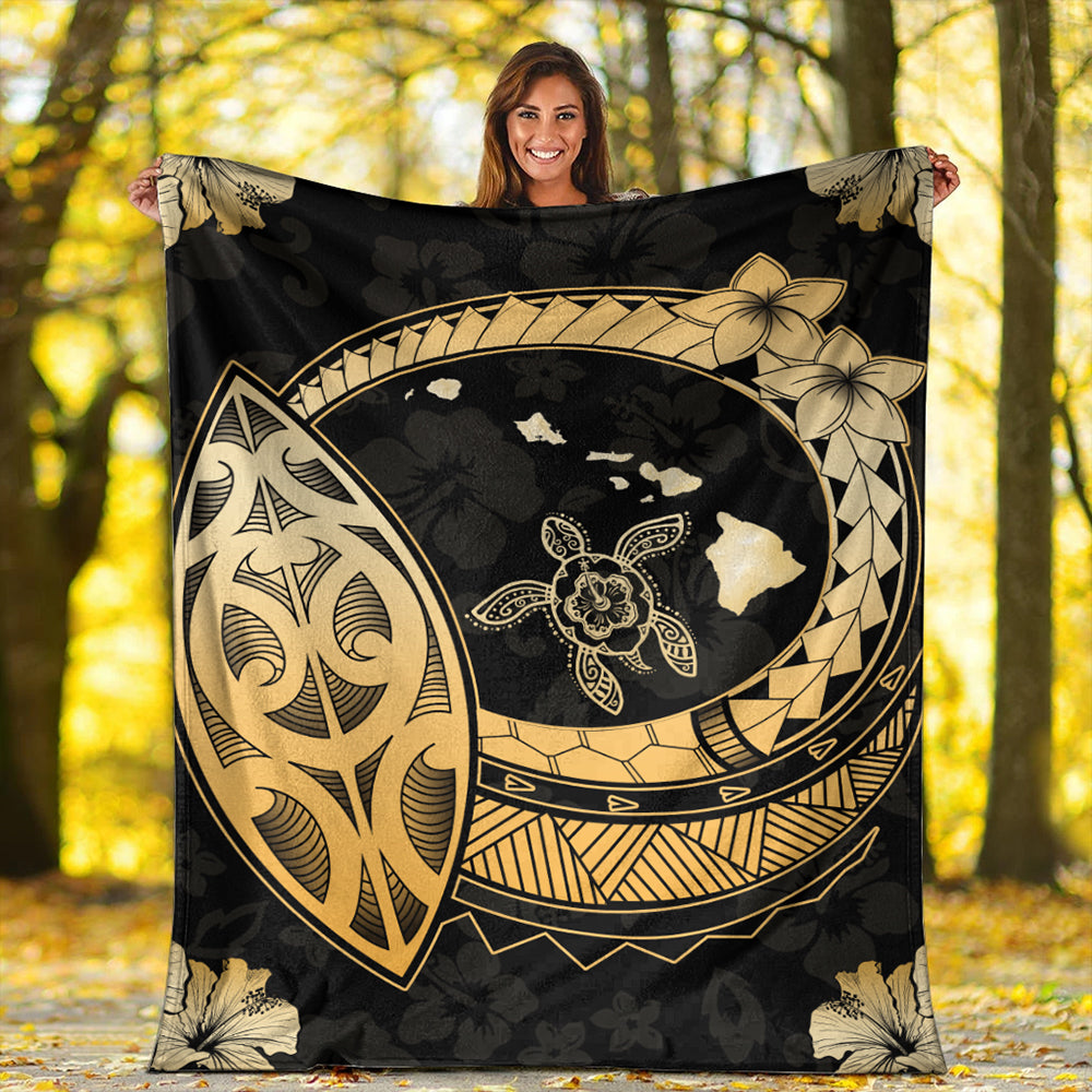 Hawaii Premium Blanket Map Hibiscus Plumeria Turtle Polynesian