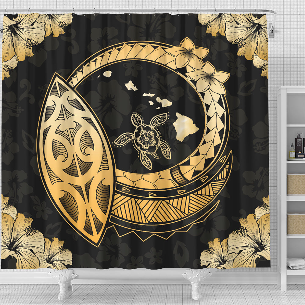 Hawaii Shower Curtain Map Hibiscus Plumeria Turtle Polynesian