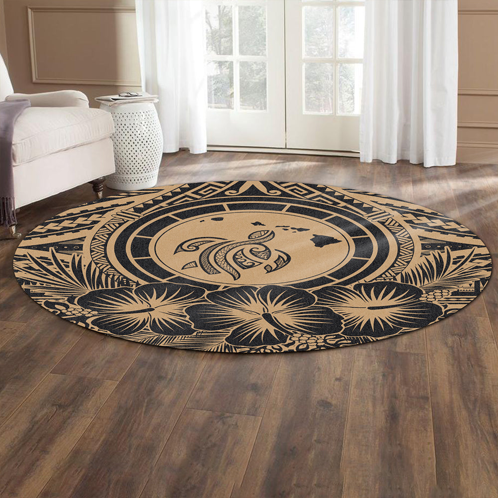 Hawaii Round Rug Map Honu Hibiscus Polynesian Gold