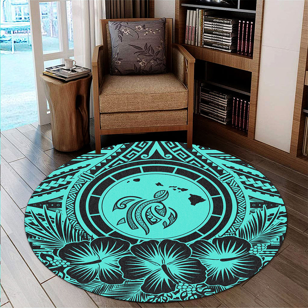 Hawaii Round Rug Map Honu Hibiscus Polynesian Turquoise