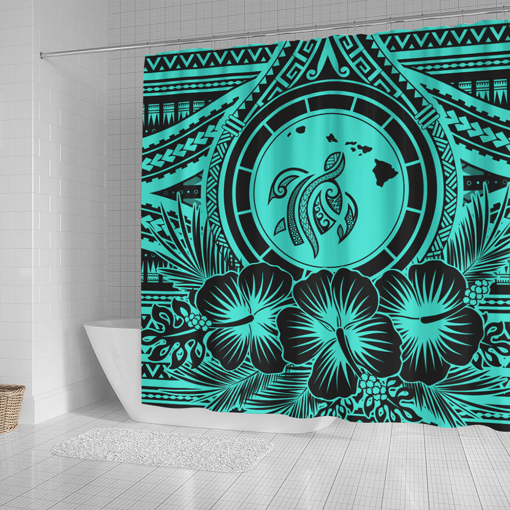 Hawaii Shower Curtain Map Honu Hibiscus Polynesian Turquoise