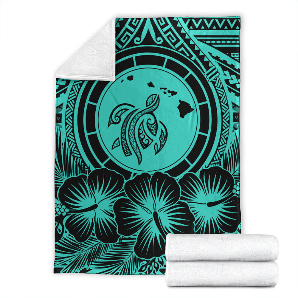Hawaii Premium Blanket Map Honu Hibiscus Polynesian Turquoise