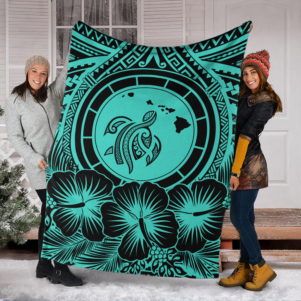 Hawaii Premium Blanket Map Honu Hibiscus Polynesian Turquoise