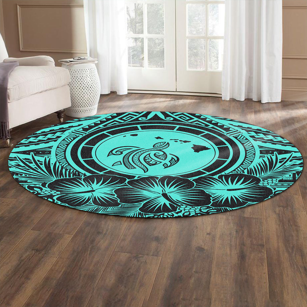 Hawaii Round Rug Map Honu Hibiscus Polynesian Turquoise