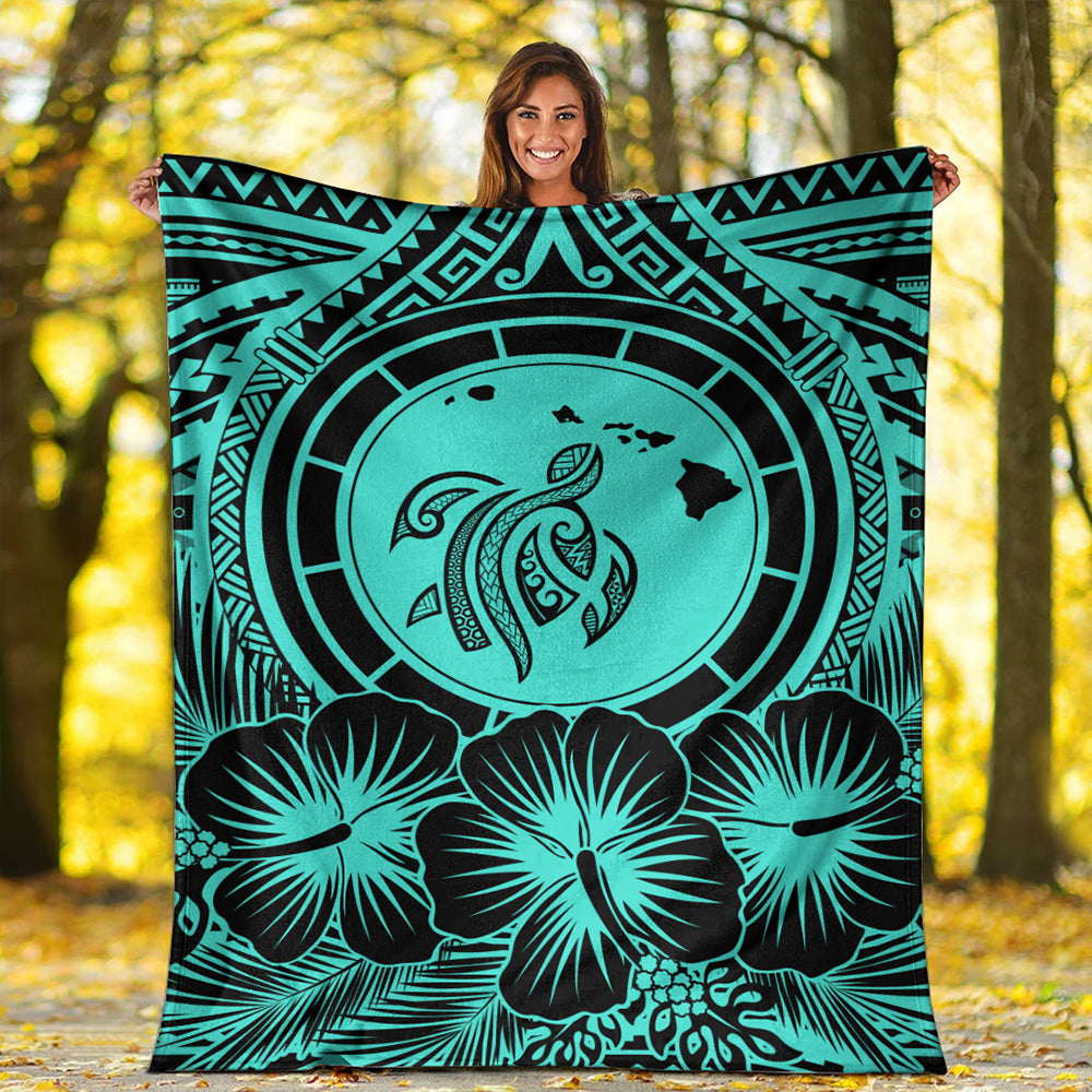 Hawaii Premium Blanket Map Honu Hibiscus Polynesian Turquoise