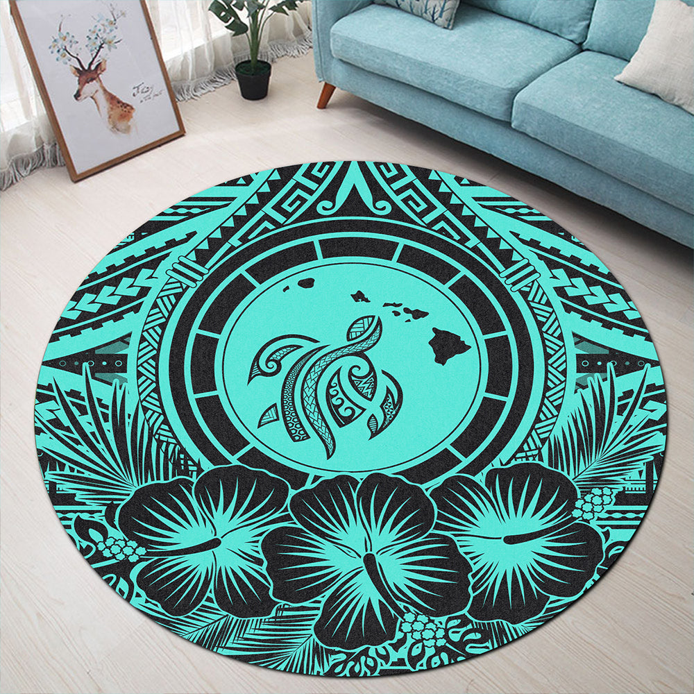 Hawaii Round Rug Map Honu Hibiscus Polynesian Turquoise