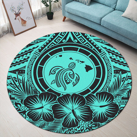 Hawaii Round Rug Map Honu Hibiscus Polynesian Turquoise