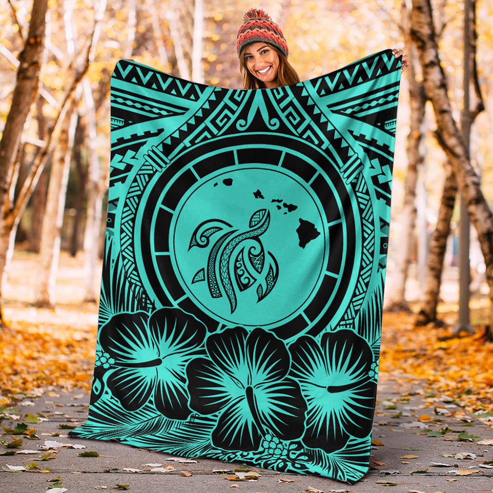 Hawaii Premium Blanket Map Honu Hibiscus Polynesian Turquoise