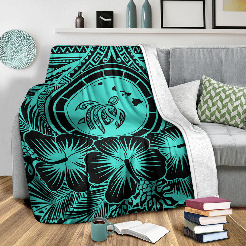 Hawaii Premium Blanket Map Honu Hibiscus Polynesian Turquoise