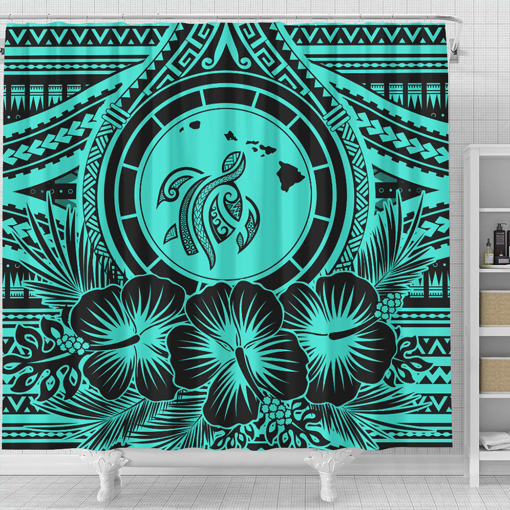Hawaii Shower Curtain Map Honu Hibiscus Polynesian Turquoise