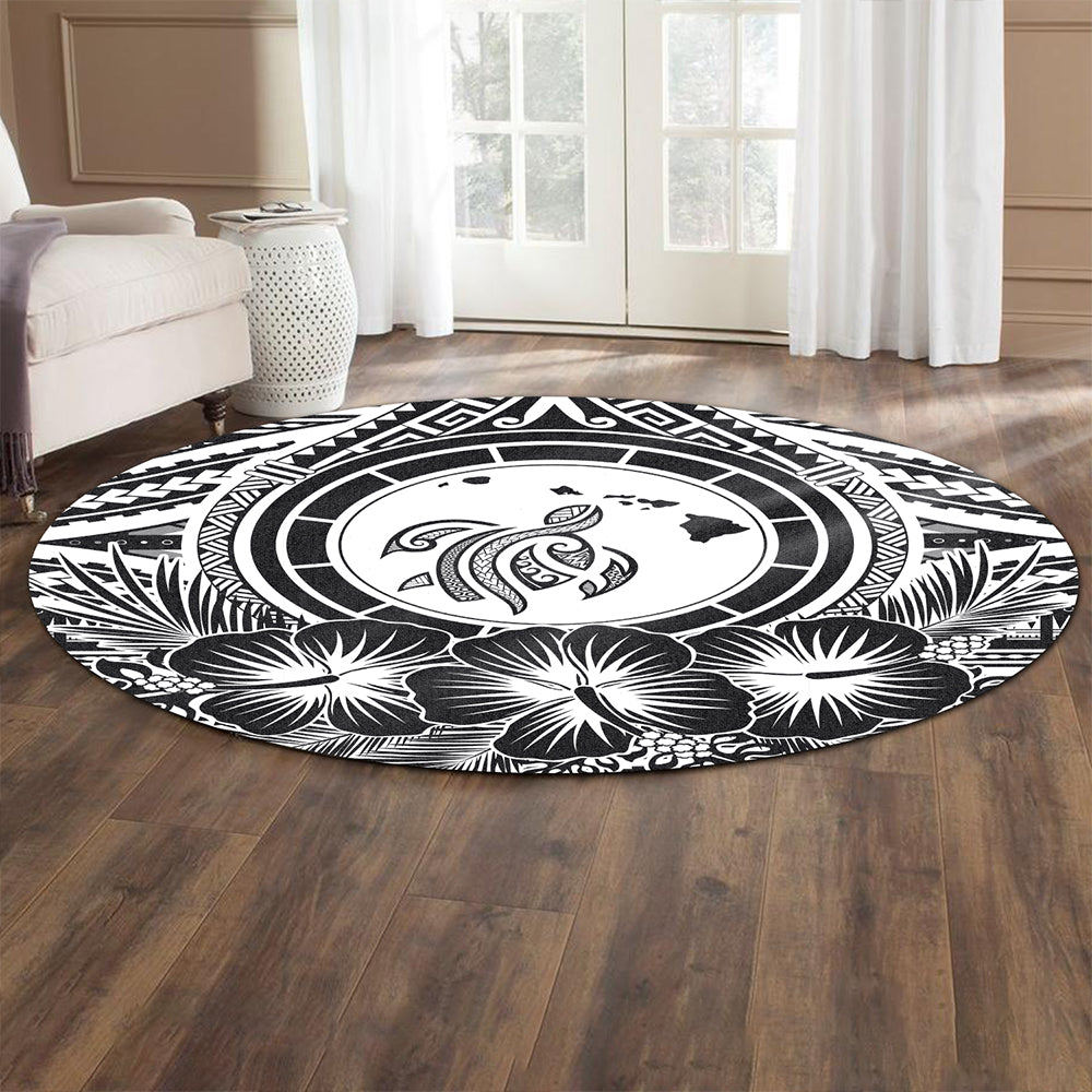 Hawaii Round Rug Map Honu Hibiscus Polynesian White