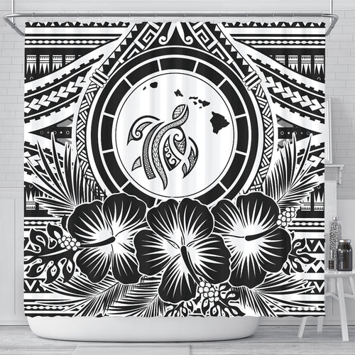 Hawaii Shower Curtain Map Honu Hibiscus Polynesian White