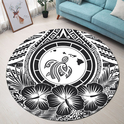 Hawaii Round Rug Map Honu Hibiscus Polynesian White