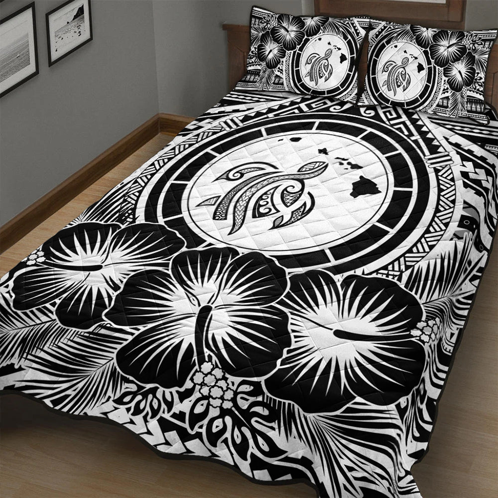 Hawaii Quilt Bed Set Map Honu Hibiscus Polynesian White