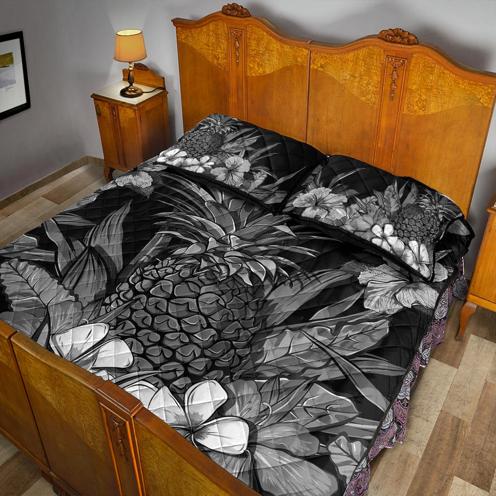 Hawaii Quilt Bed Set Pineapple Hibiscus Black And White