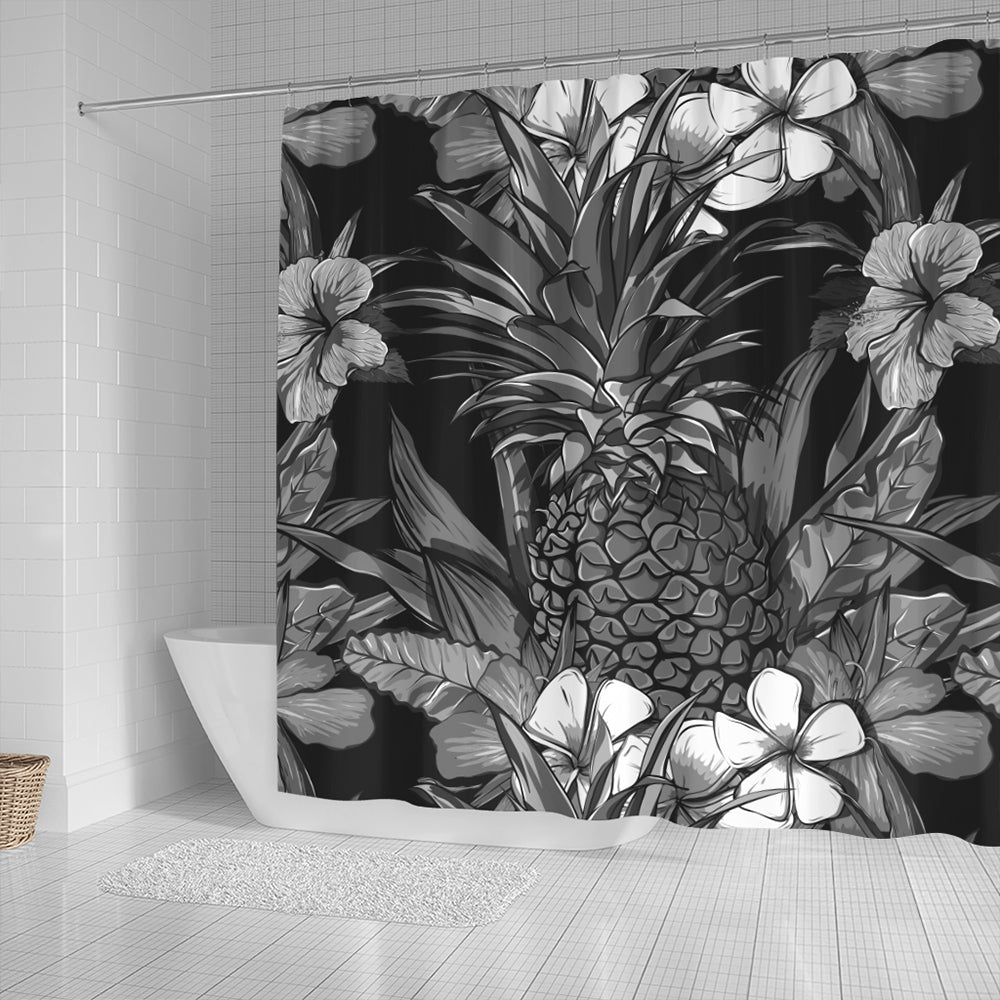 Hawaii Shower Curtain Pineapple Hibiscus Black And White