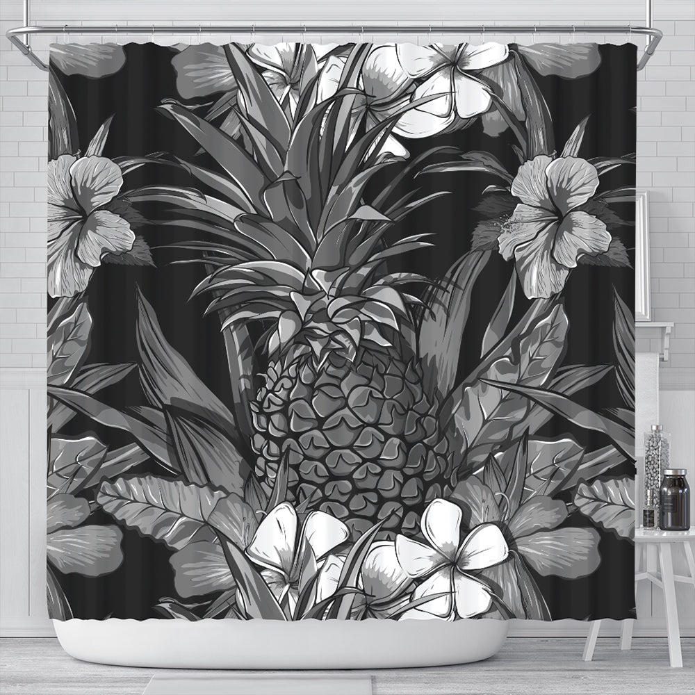 Hawaii Shower Curtain Pineapple Hibiscus Black And White