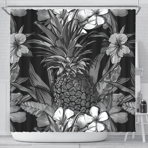 Hawaii Shower Curtain Pineapple Hibiscus Black And White