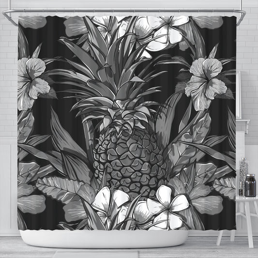 Hawaii Shower Curtain Pineapple Hibiscus Black And White
