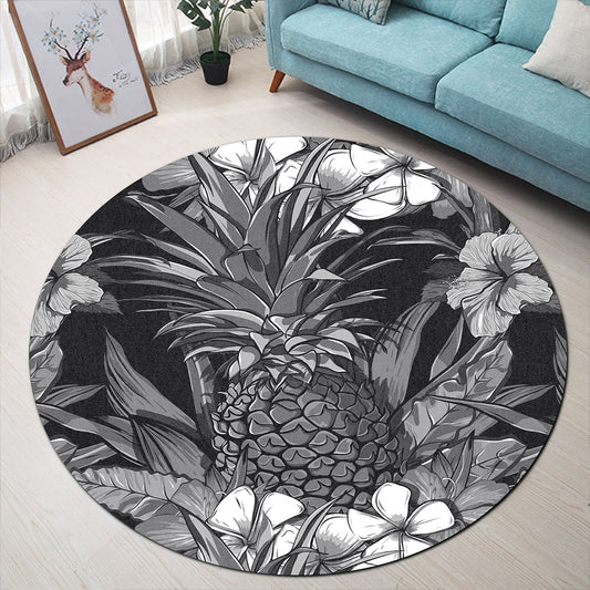 Hawaii Round Rug Pineapple Hibiscus Black And White